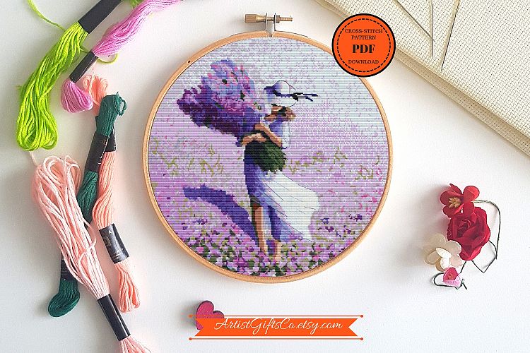 France Lavender Cross Stitch pattern PDF, Girl with flowers