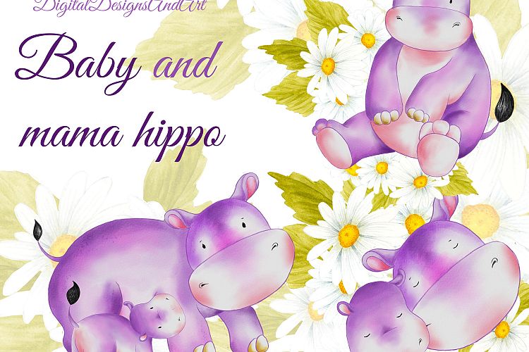 Cute baby and mama hippo clipart