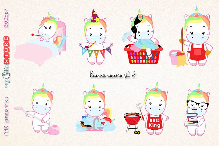 Collection of unicorns clipart, PNG graphics wash dishes, laundry day, BBQ clip art great for planner stickers or scrapbooking, invitations, cards.
