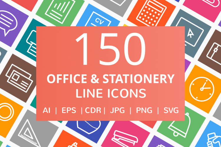 150 Office   Stationery Line Multicolor B/G Icons