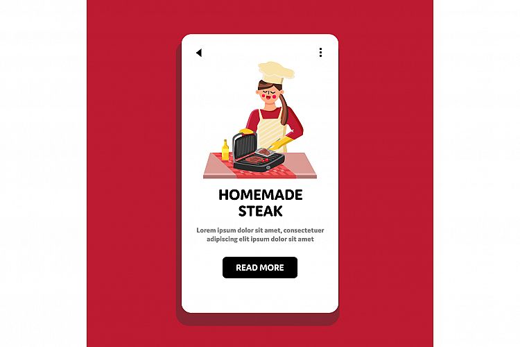 Homemade Steak Cooking Girl Chef On Grill Vector example image 1