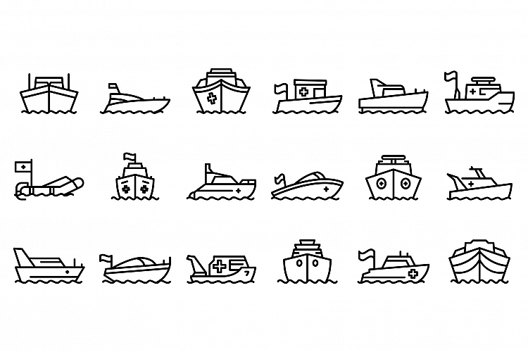 Rescue boat icons set, outline style example image 1