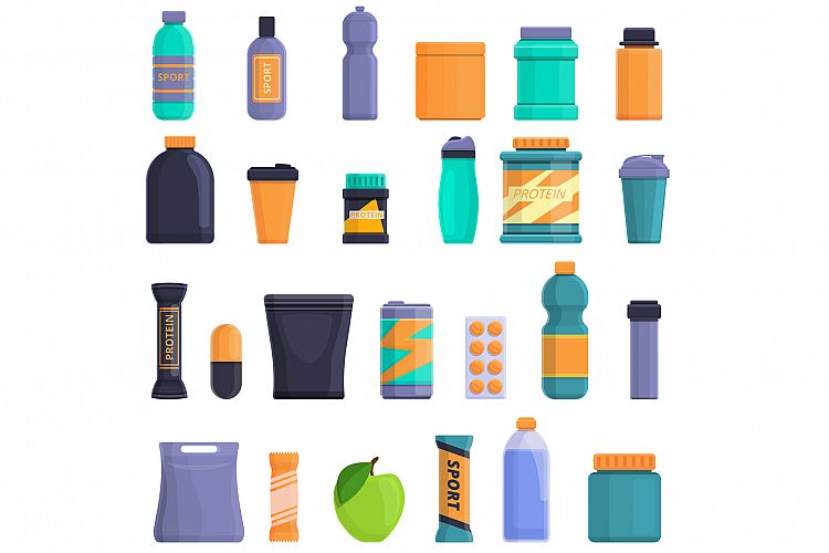 Sports nutrition icons set, cartoon style