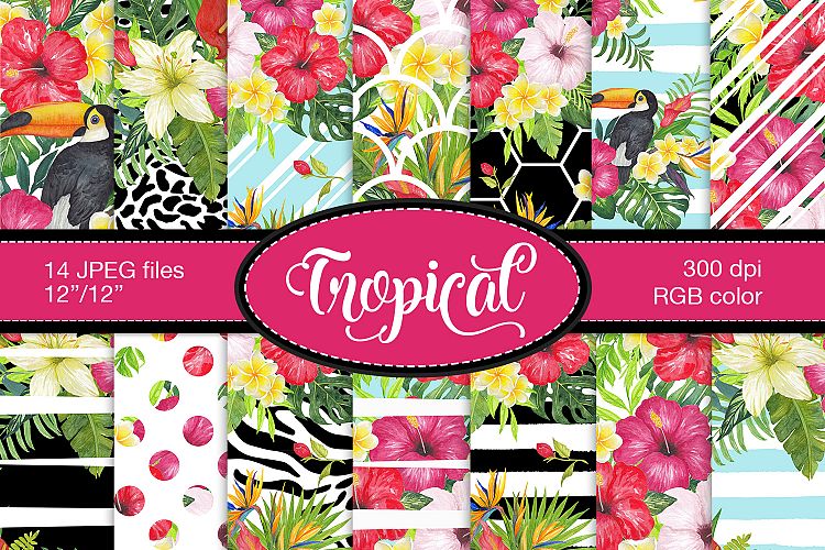 Tropical floral digital paper pack, Summer digital paper