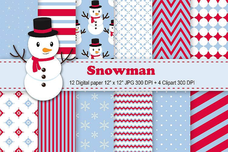 Snowman Digital Paper, Christmas Background, Holiday Pattern, Snowflakes Background, Winter Pattern, Xmas Background, Snowman Clipart.