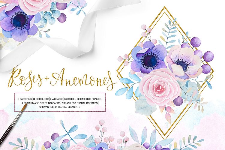 Roses and anemones watercolor floral