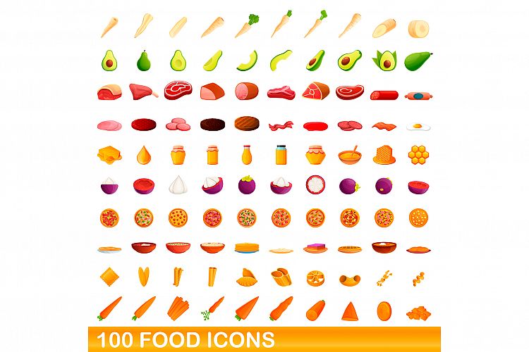 100 food icons set, cartoon style example image 1