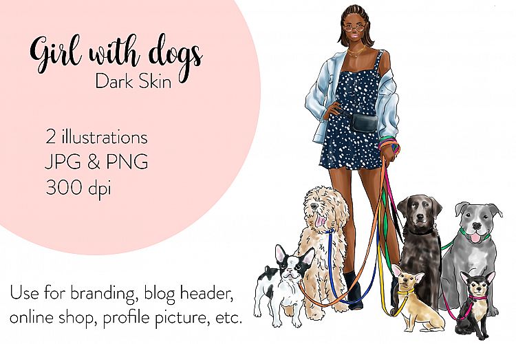 Fashion illustration - Girl with Dogs - Dark Skin