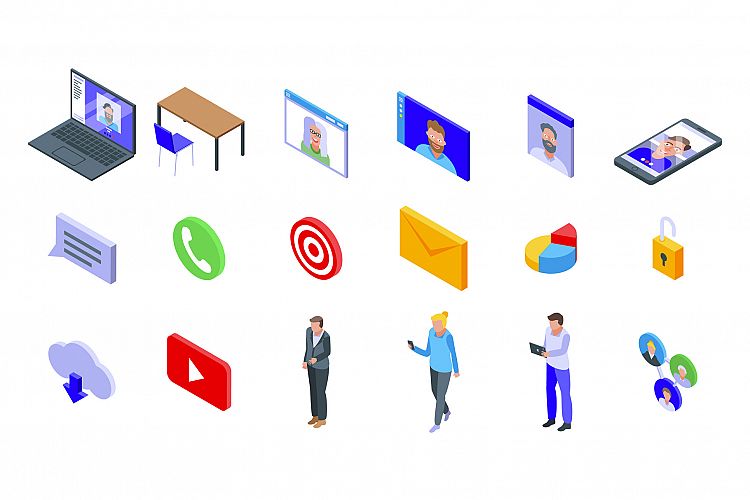 Online meeting icons set, isometric style