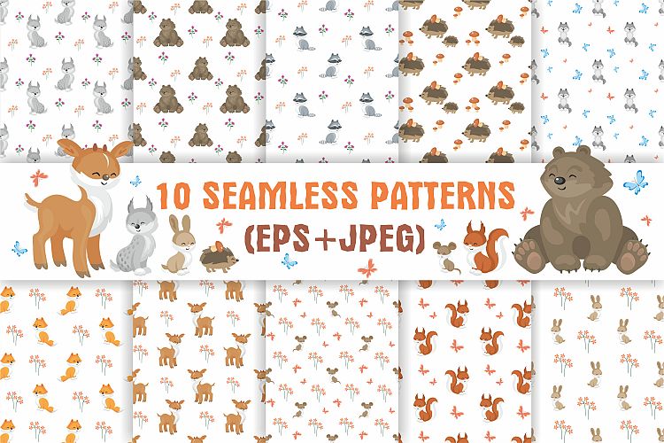 Woodland animals. Seamless patterns set.