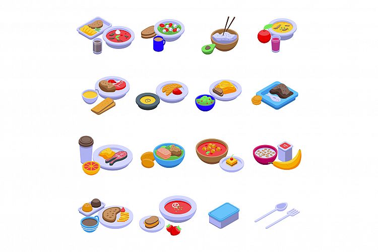 Lunch icons set, isometric style