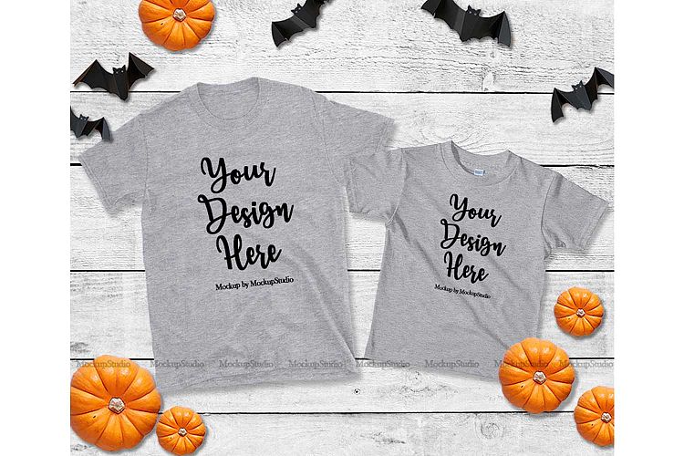 Halloween Family Matching Two Double Gray T-Shirts Mockup