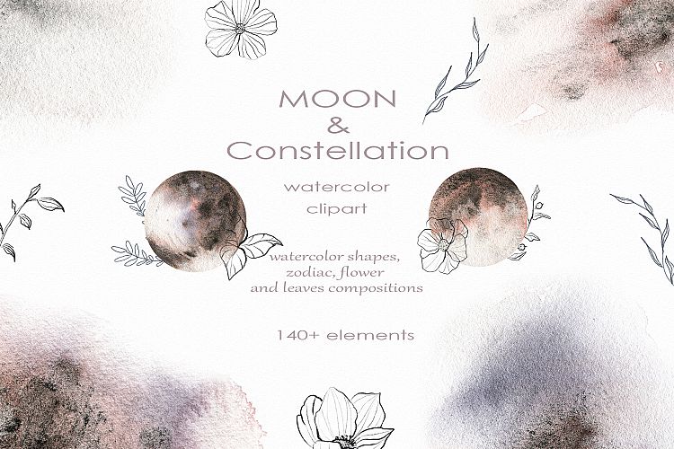 Watercolor Moon & Constellation Flower Leaves and graphics