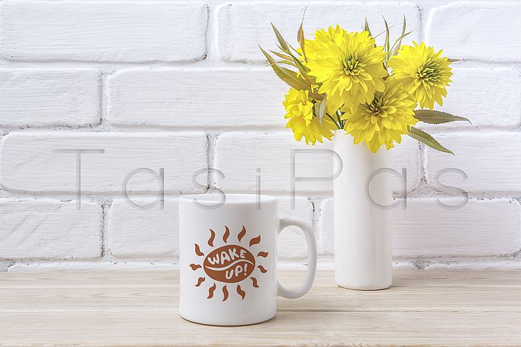 White coffee mug mockup with Golden Ball flower.