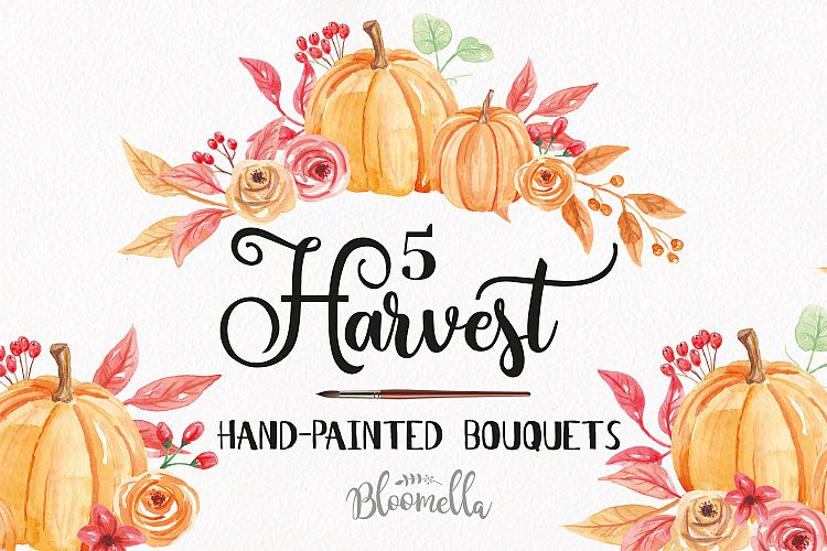 Watercolor Pumpkin Clipart Bouquets Harvest Autumn Fall  