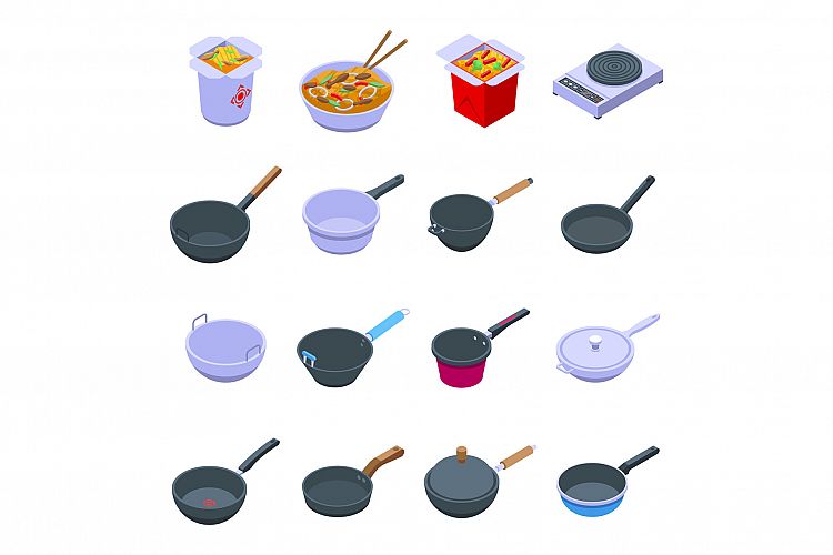 Wok frying pan icons set, isometric style example image 1