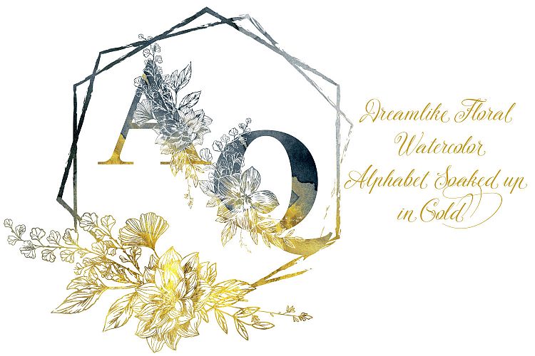 Dreamlike Floral Watercolor Alphabet Gold Touched