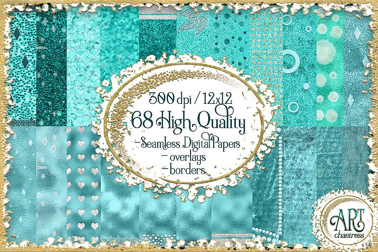 Turquoise blue digital papers with glitter and foil effect