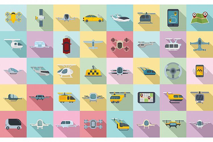 Unmanned taxi icons set, flat style