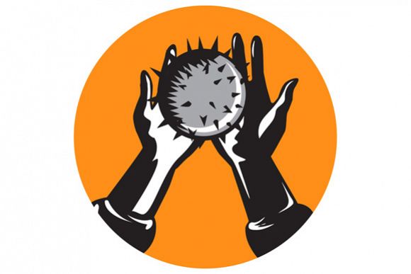 Hand Holding Ball with Spikes Circle Woodcut example image 1