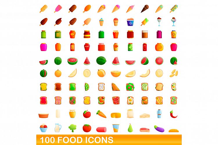 100 food icons set, cartoon style example image 1