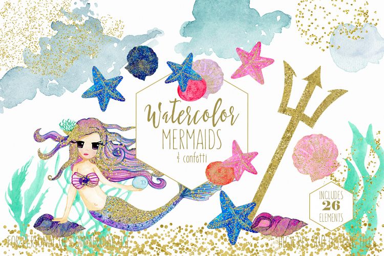 WATERCOLOR MERMAID Clipart  with Metallic Gold Confetti Mermaids Shells Starfish Ocean Watercolour Splash Graphics