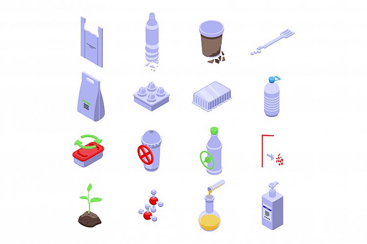 Biodegradable plastic icons set, isometric style example image 1