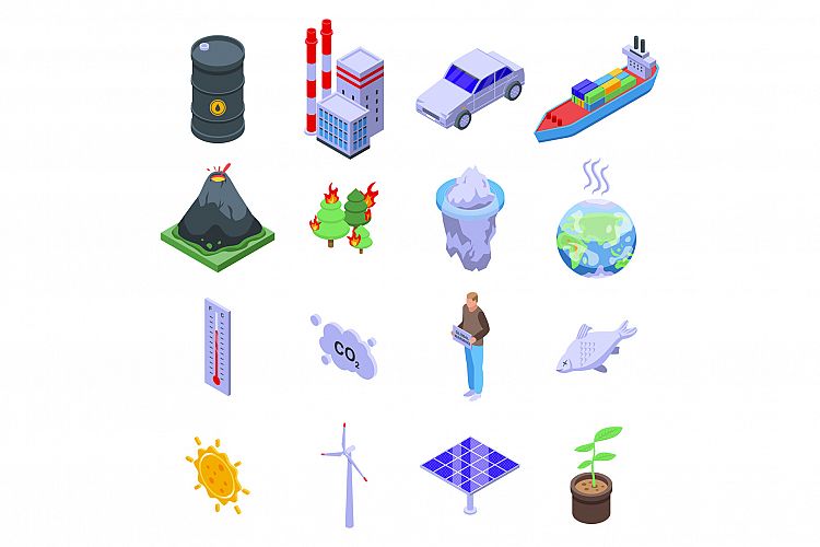 Global warming icons set, isometric style example image 1