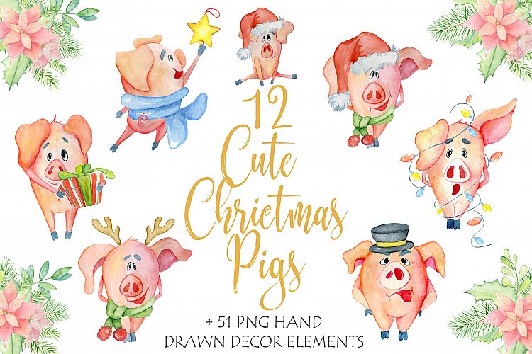 Cute Christmas pigs with decor elements for New Year 2019