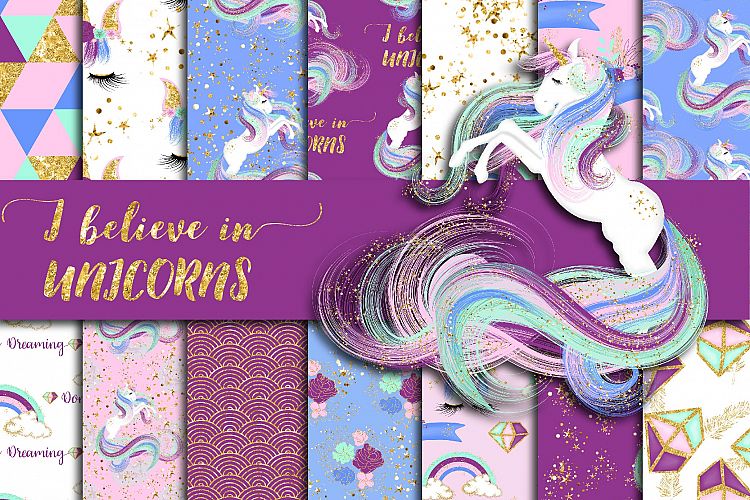 Gold Glitter Unicorn Digital Paper