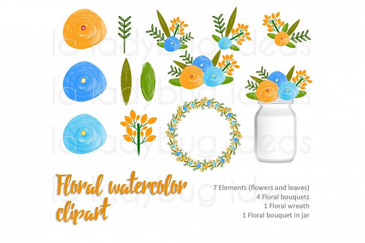 Orange and blue floral watercolor clip art collection. 