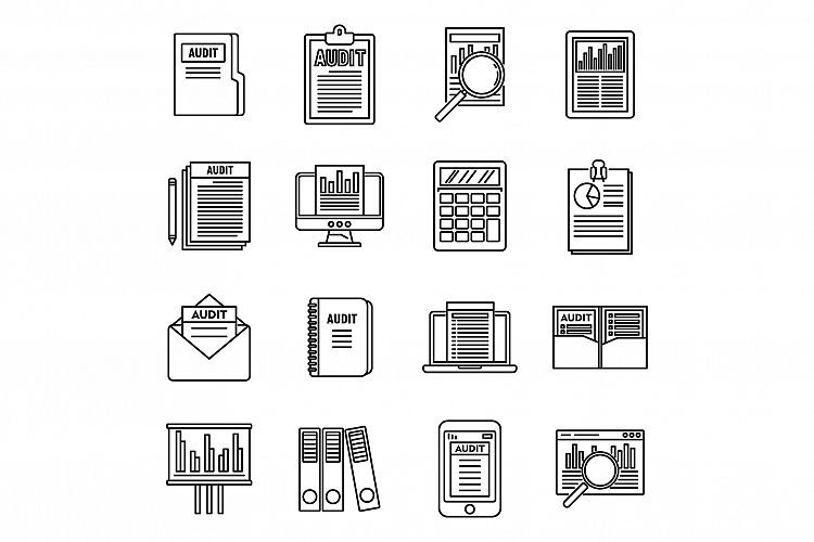 Audit system icons set, outline style
