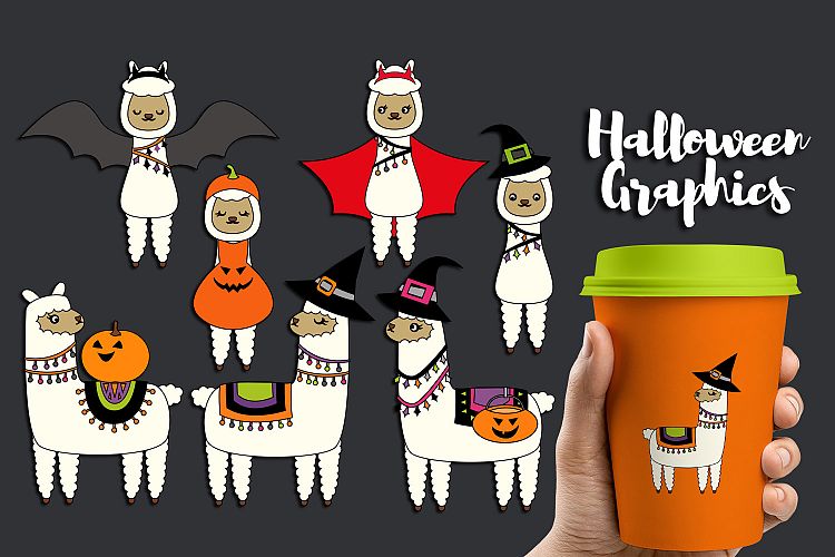 Alpaca Llama in Halloween costumes clip art graphics