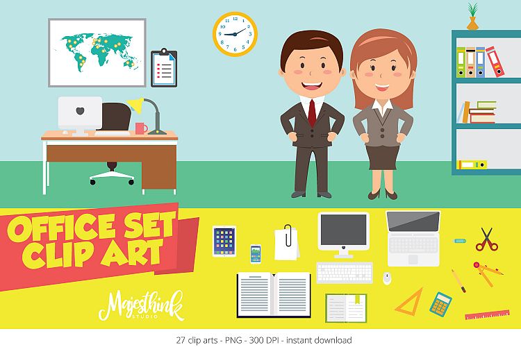 OFFICE SET Clip Art - with desk, stationery, computer elements