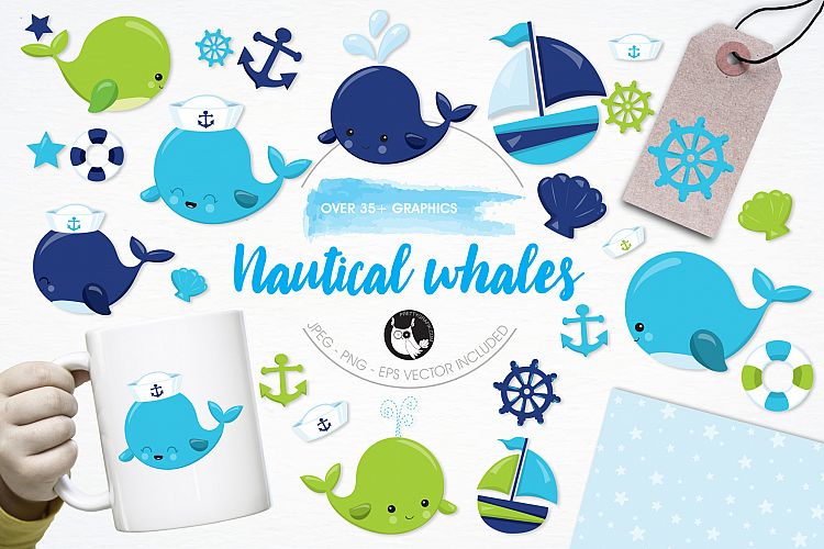 Nautical Whales graphics and illustrations