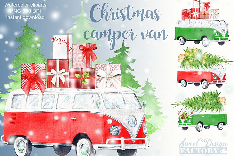 Christmas retro van cliparts