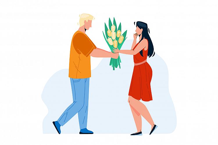 Boy Presenting Flowers To Girl With Love Vector example image 1