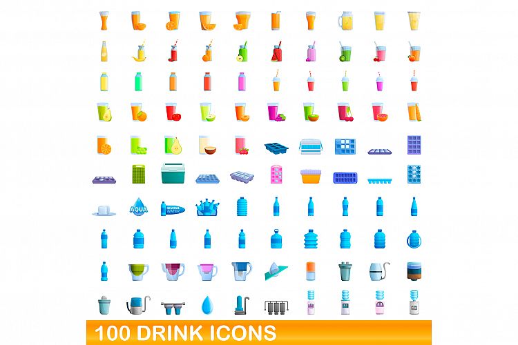 100 drink icons set, cartoon style