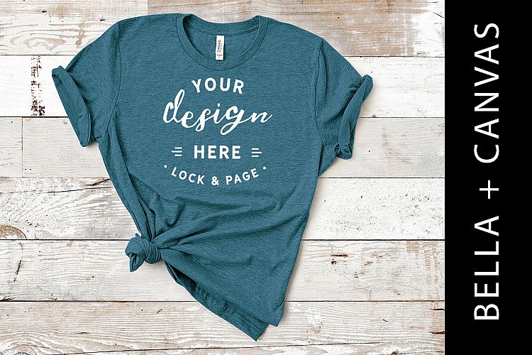 Heather Deep Teal Bella Canvas 3001 TShirt Mockup Old Wood