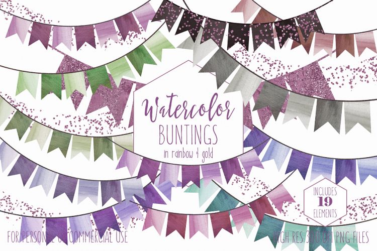 WATERCOLOR BUNTING BANNERS Clipart Watercolour Flags Greenery & Rose Pink Confetti Wedding Party Invitation Graphics