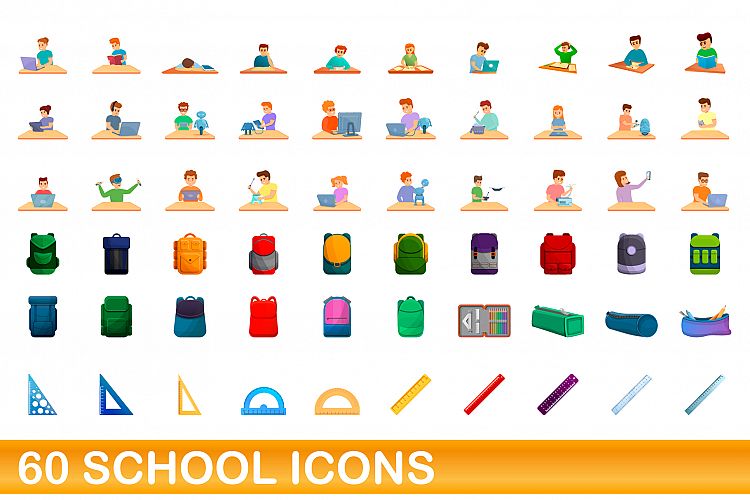 60 school icons set, cartoon style example image 1