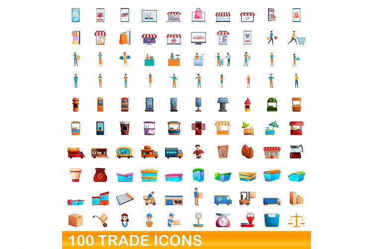 100 trade icons set, cartoon style example image 1