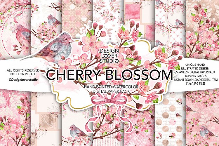 Watercolor CHERRY BLOSSOM digital paper pack