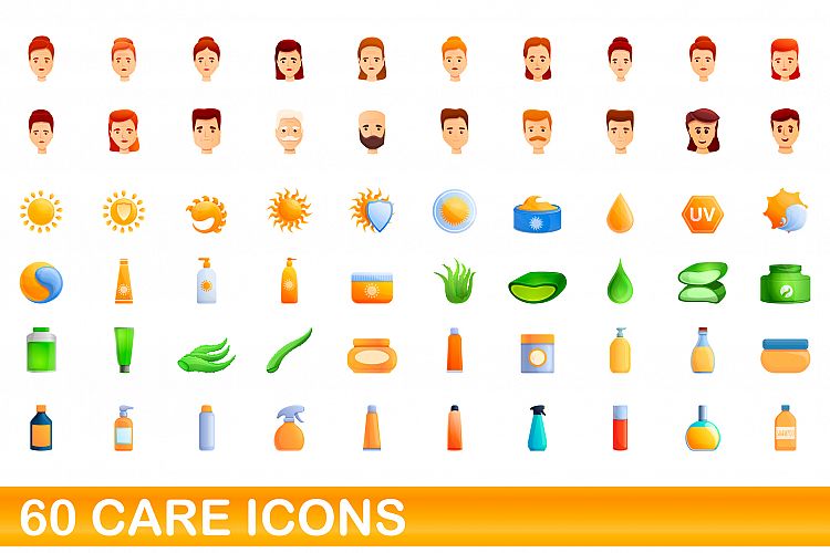 60 care icons set, cartoon style example image 1