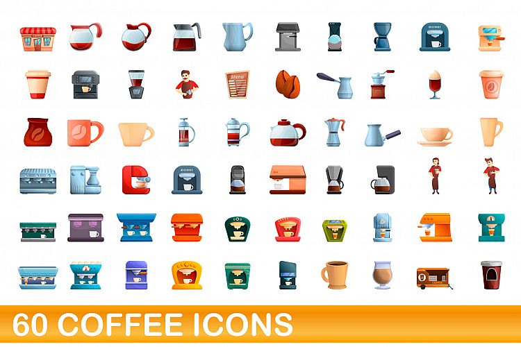 60 coffee icons set, cartoon style example image 1