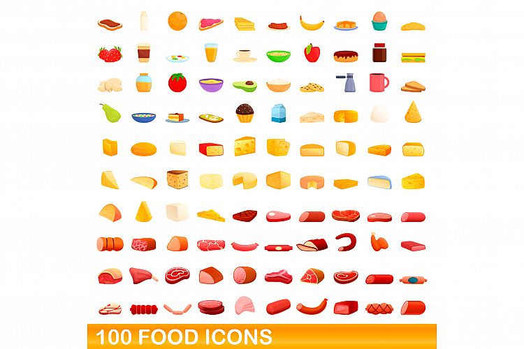 100 food icons set, cartoon style example image 1