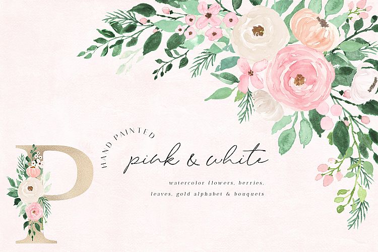 Pink   White Watercolor Flowers