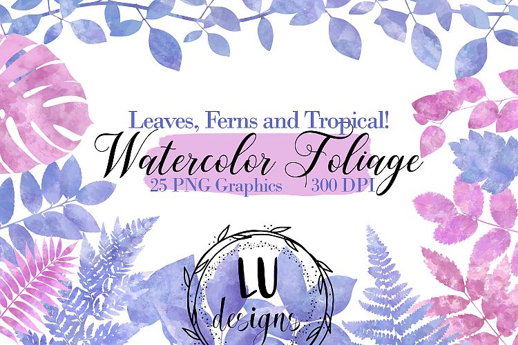 Watercolor Foliage, Purple and Pink Leaves and Branches