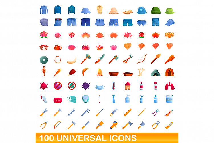 100 universal icons set, cartoon style example image 1