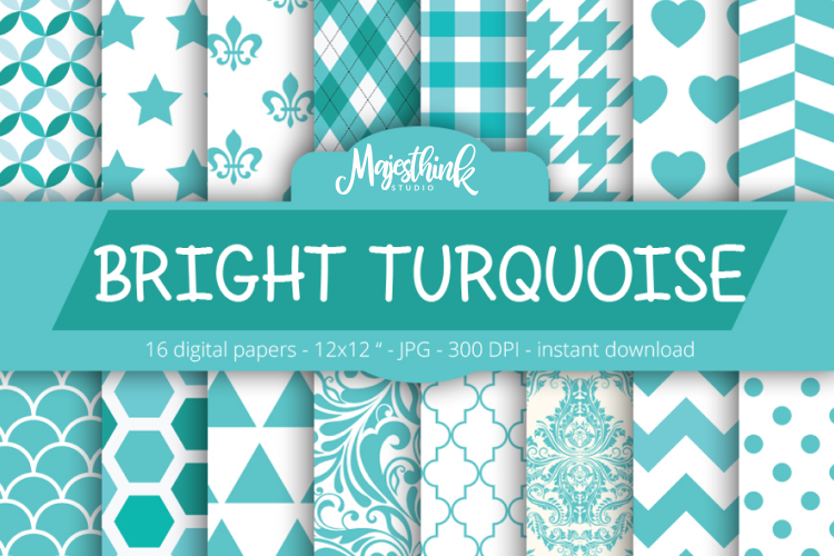 Bright Turquoise Digital Paper - with polkadot, stripe, chevron, quatrefoil, floral, damask, hexagon, triangle red pattern for Scrapbooking